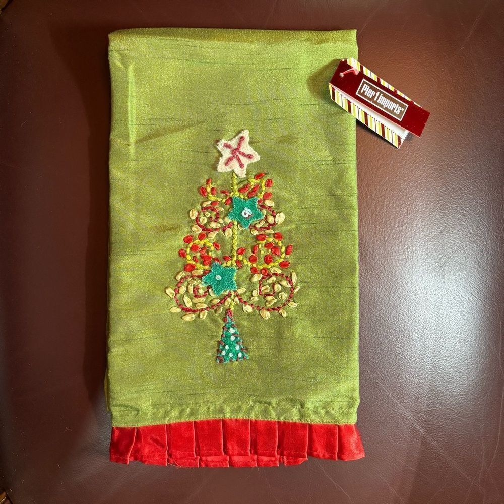 Pier One Imports Festive Green embellished Christmas Tree Tea Towel NWT